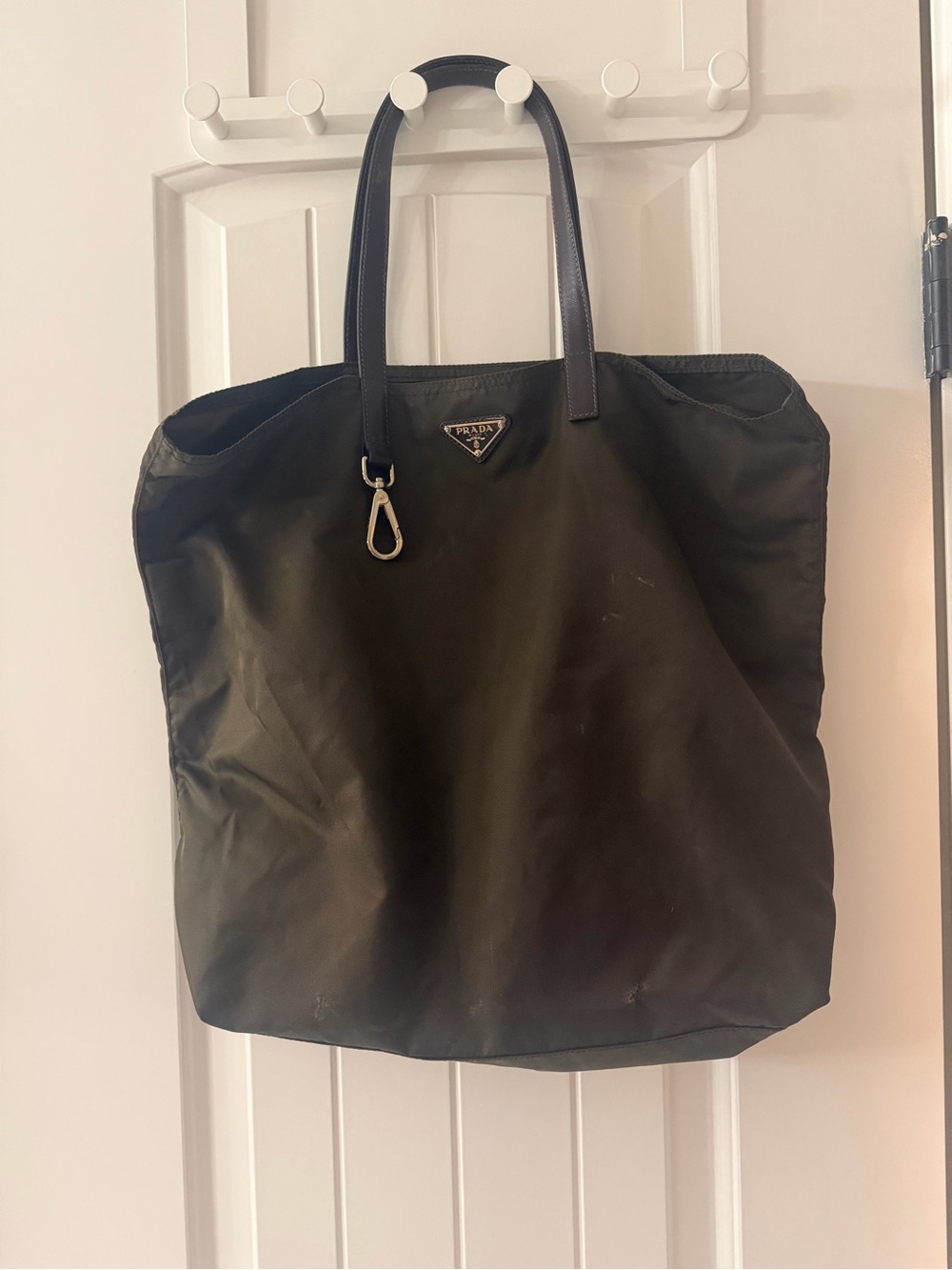 Prada Black Nylon Tote with Leather Handles and Silver Clip